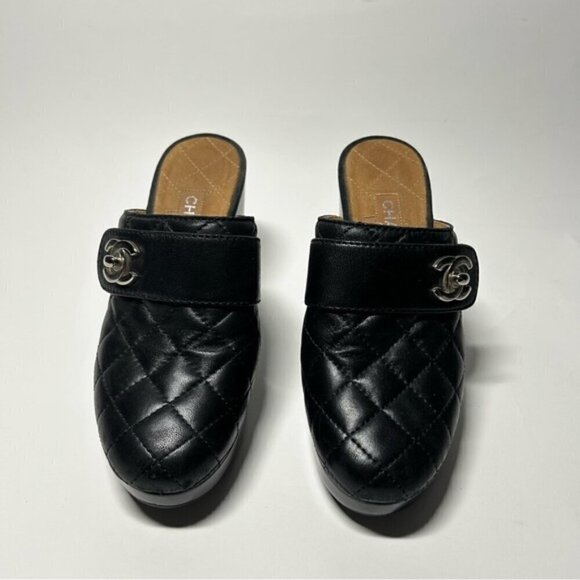 Chanel Black Clog Quilted Mule Leather Turn Lock Size 37.5 - Picture 7 of 14